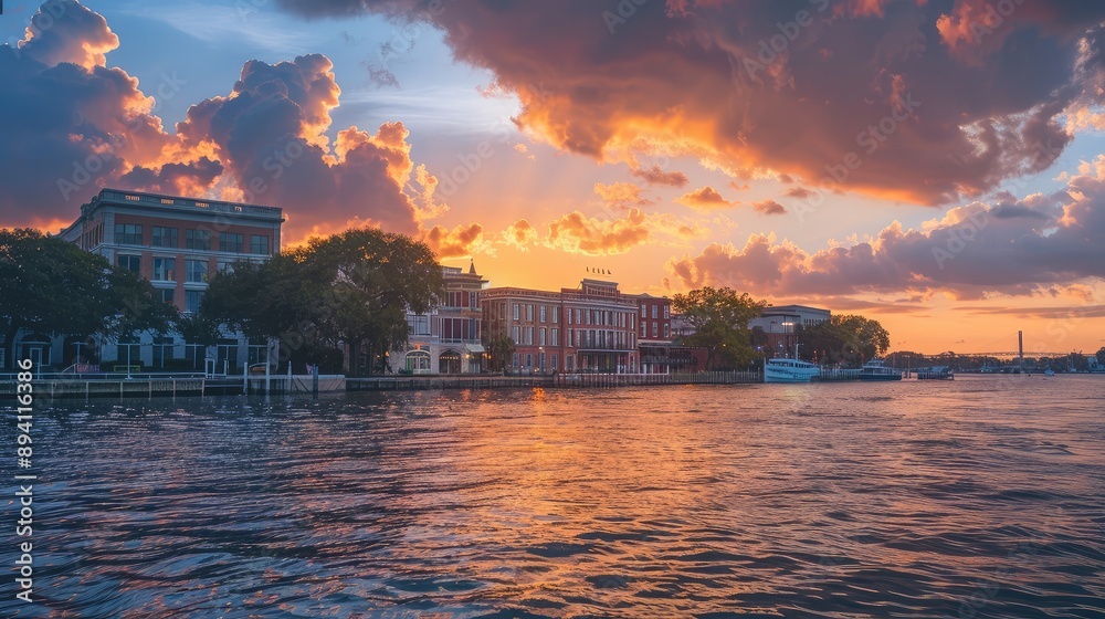 Fototapeta premium Stunning Waterfront Cityscape at Sunset