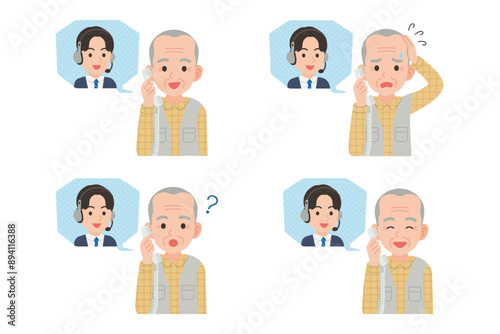 オペレーターと固定電話で通話するシニア　表情セット