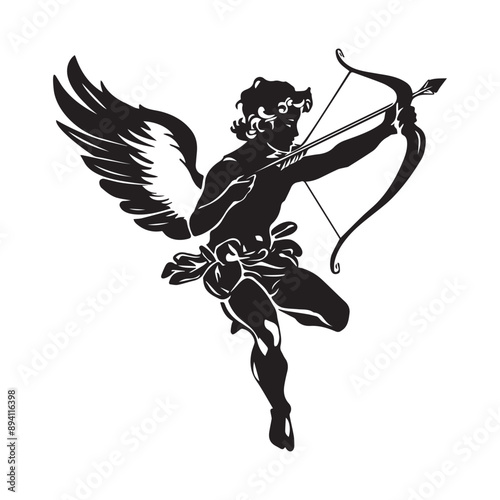 Illustration Silhouette Of Cupid With Bow And Arrow isolated on white background