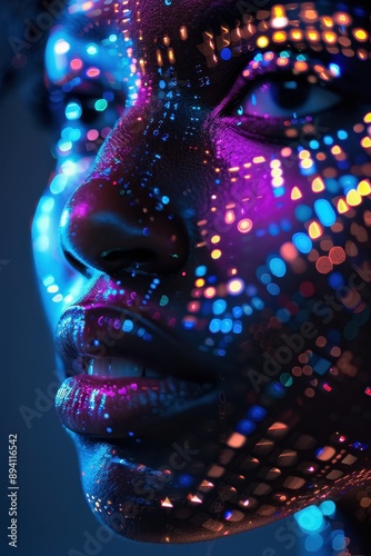 Futuristic Portrait of a Woman with Neon Lights and Digital Patterns on Her Face in Dark Background