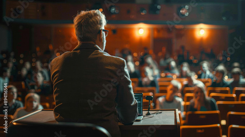 Wallpaper Mural A Moment of Contemplation: A Man on Stage, Laptop Offering Answers Torontodigital.ca