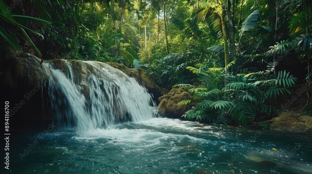 Serene Waterfall in a Lush Jungle Setting