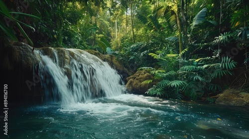 Serene Waterfall in a Lush Jungle Setting