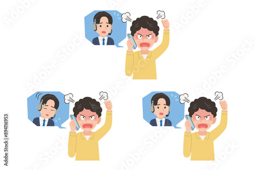 オペレーターにスマホで苦情を言うシニア　表情セット