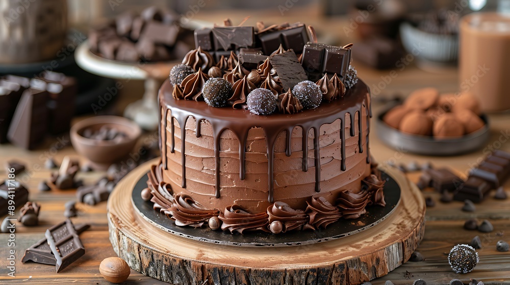 An indulgent cake decorated with various chocolate elements like curls, shards, and truffles, exuding richness and luxury. An indulgent cake decorated with various chocolate elements like curls, shards, and truffles, exuding richness and luxury.