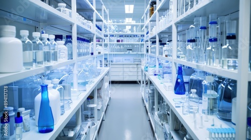 Clean pharmaceutical lab with organized shelves of chemicals © KALEYA