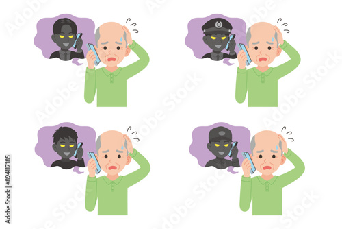 詐欺師とスマホで通話するシニア　表情セット