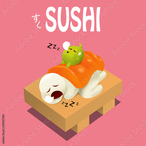 Vector of a cute sushi character. The green character is a wasabi. The Japanese word means sushi.
