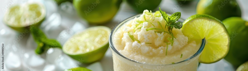 Refreshing Frozen Lime Drink with Fresh Lime Garnish and Mint Leaves Refreshing Frozen Lime Drink with Fresh Lime Garnish and Mint Leaves