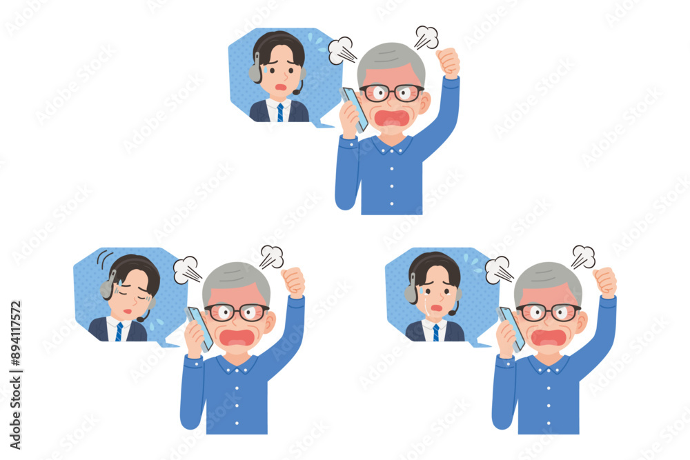 オペレーターにスマホで苦情を言うシニア 表情セット オペレーターにスマホで苦情を言うシニア 表情セット