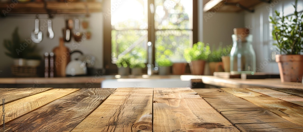 Obraz premium Rustic Wooden Kitchen Countertop with Sunlight and Green Plants in a Cozy Modern Kitchen