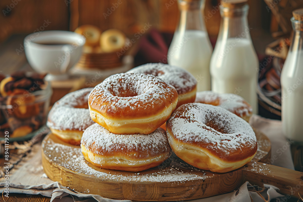 Powdered sugar donuts stacked on a wooden board with milk bottles and coffee cups, cozy rustic kitchen setting Powdered sugar donuts stacked on a wooden board with milk bottles and coffee cups, cozy rustic kitchen setting