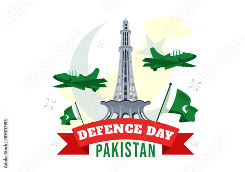 Pakistan Defence Day Vector Illustration on 6th September featuring Waving Flag, Jets, Army, Building, and tanks in a Flat Style Cartoon Background
