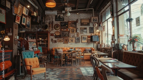 Vintage Cafe Interior with Eclectic Decor and Cozy Seating