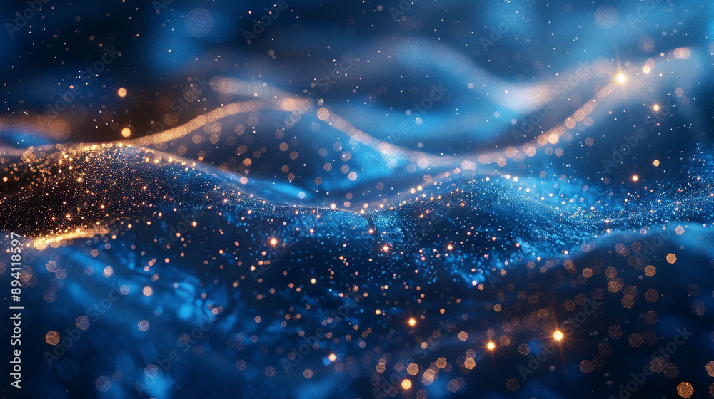 Abstract background featuring dark blue hues with glowing particles ...