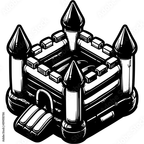 Inflatable trampoline castle with towers in monochrome. Bouncy children playground. Simple minimalistic vector in black ink drawing on transparent background