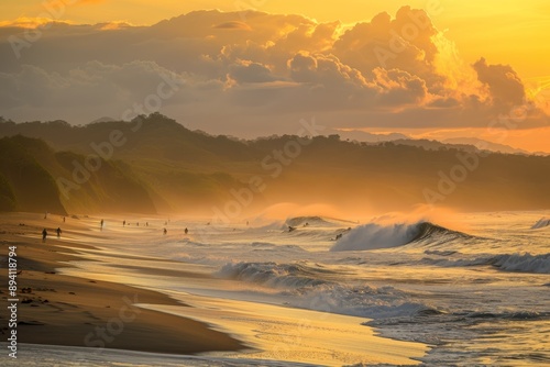 Wallpaper Mural Majestic view of surfers watching big breaking waves from a beach at Playa Venao after sunset. The orange hues of the sky and sandy shoreline create a picturesque scene by the Pacific Ocean. Torontodigital.ca