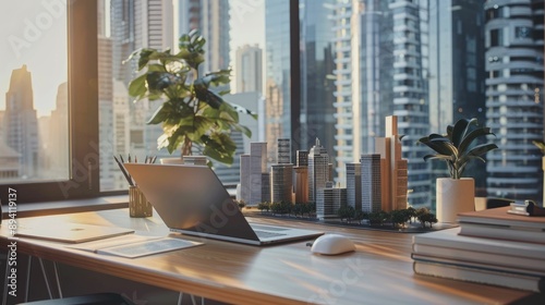 Clean workspace with an open laptop and a futuristic city model