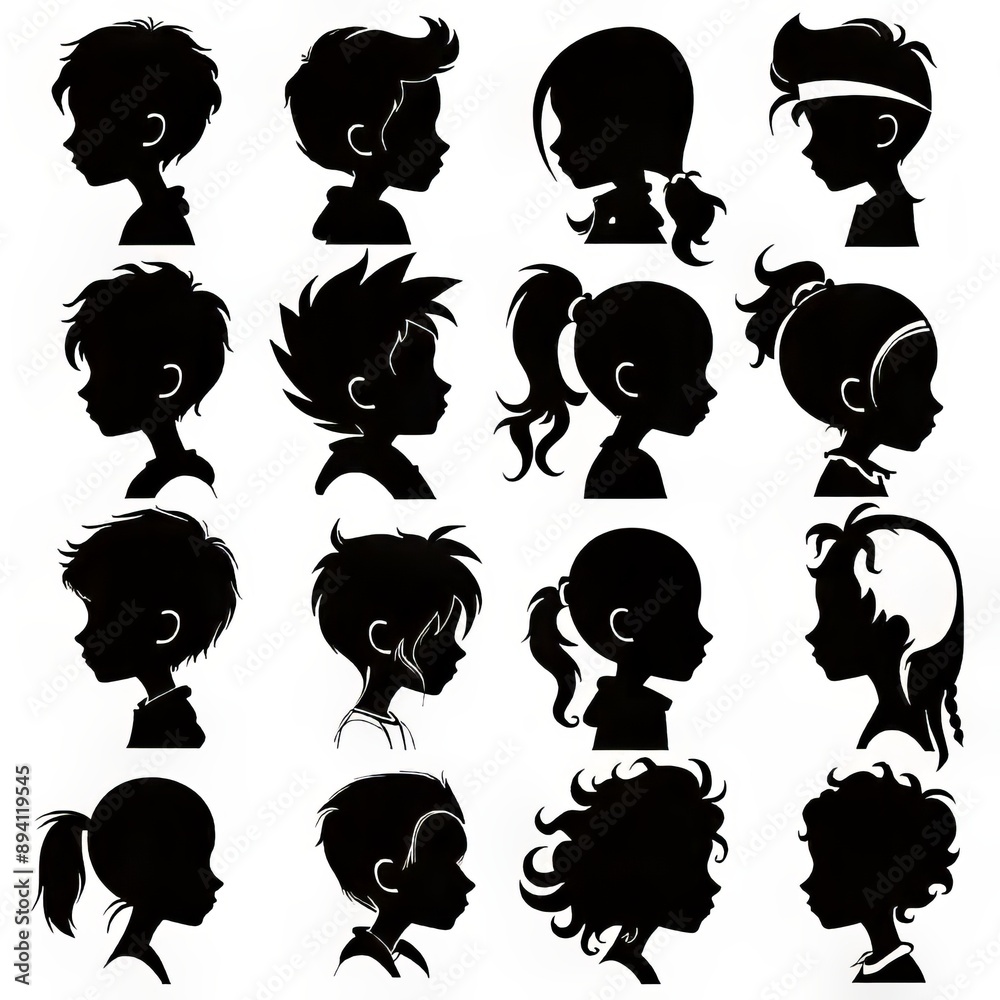 The image showcases a collection of black silhouettes of childrens profiles featuring various hairstyles and expressions The image showcases a collection of black silhouettes of childrens profiles featuring various hairstyles and expressions