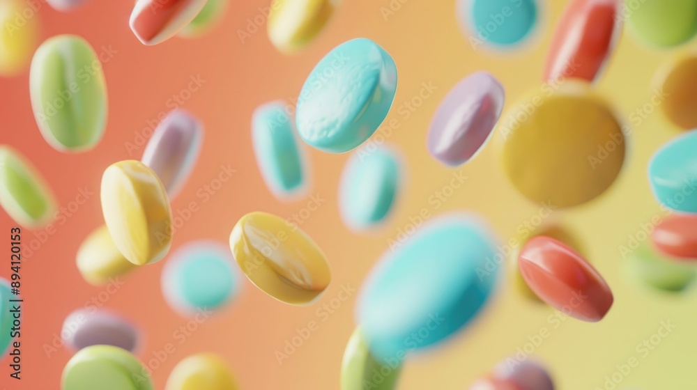 Close-up of colorful pills floating in mid-air Close-up of colorful pills floating in mid-air