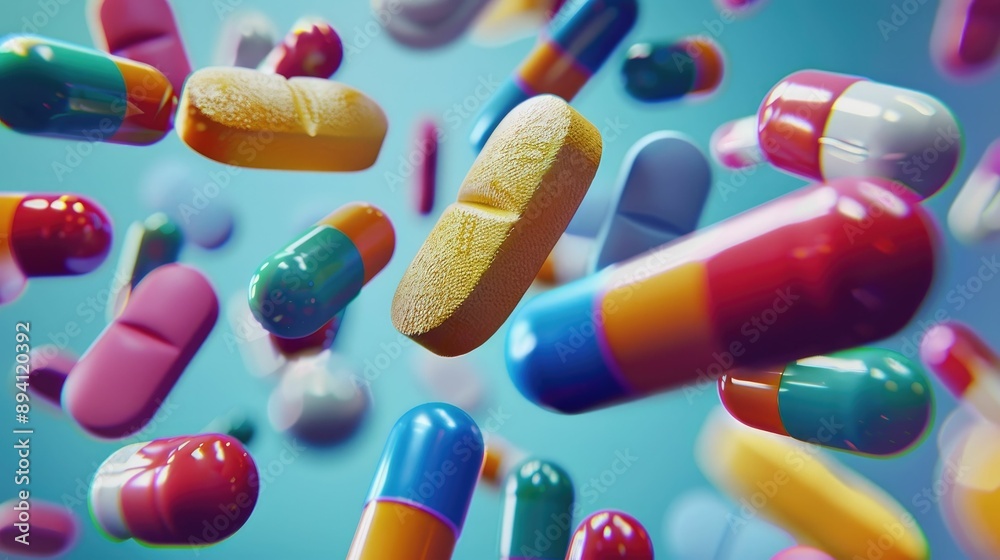 © KALEYA - Close-up of colorful pills floating in mid-air © KALEYA - Close-up of colorful pills floating in mid-air
