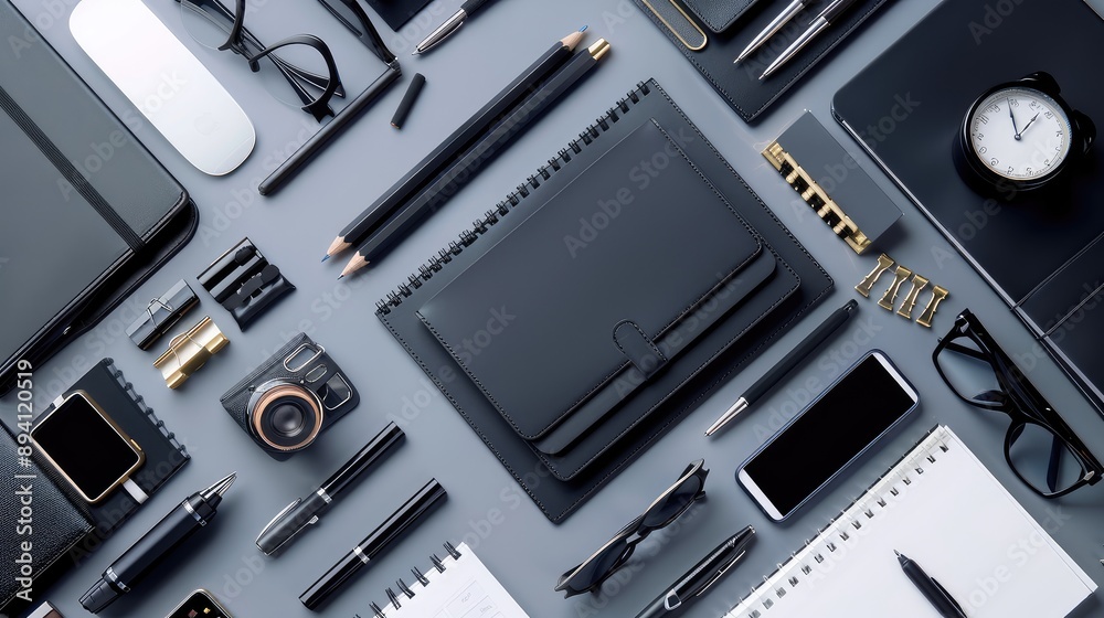 Structured Office Desk with Black Stationery and Gadgets Structured Office Desk with Black Stationery and Gadgets