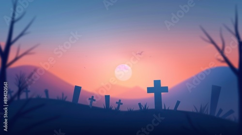 Wallpaper Mural Serene cemetery scene at sunset with silhouetted crosses and a tranquil sky, evoking peace and reflection. Torontodigital.ca