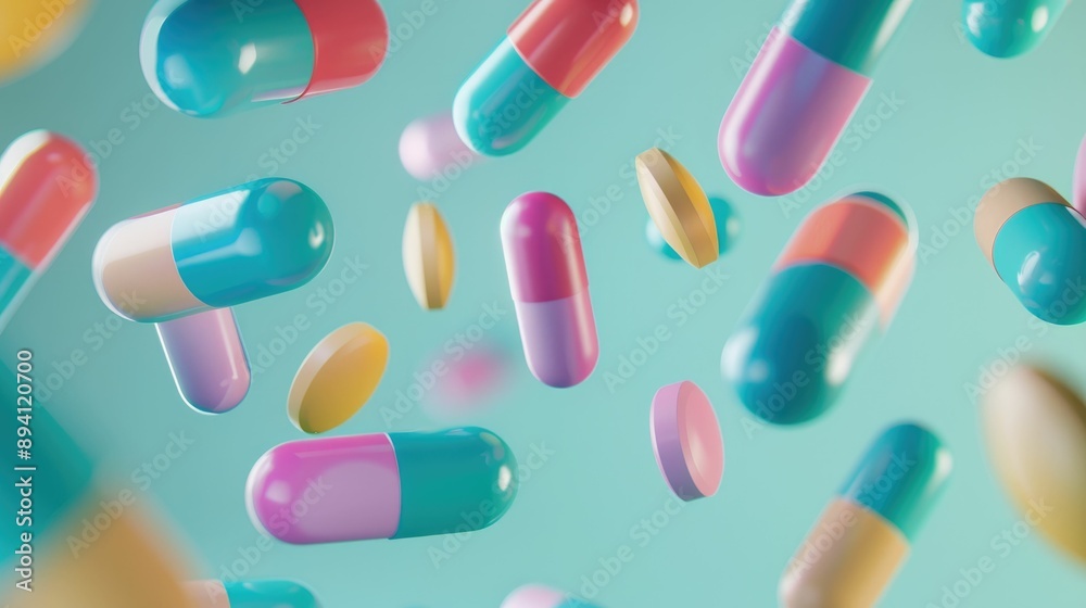 Close-up of colorful pills floating in mid-air Close-up of colorful pills floating in mid-air
