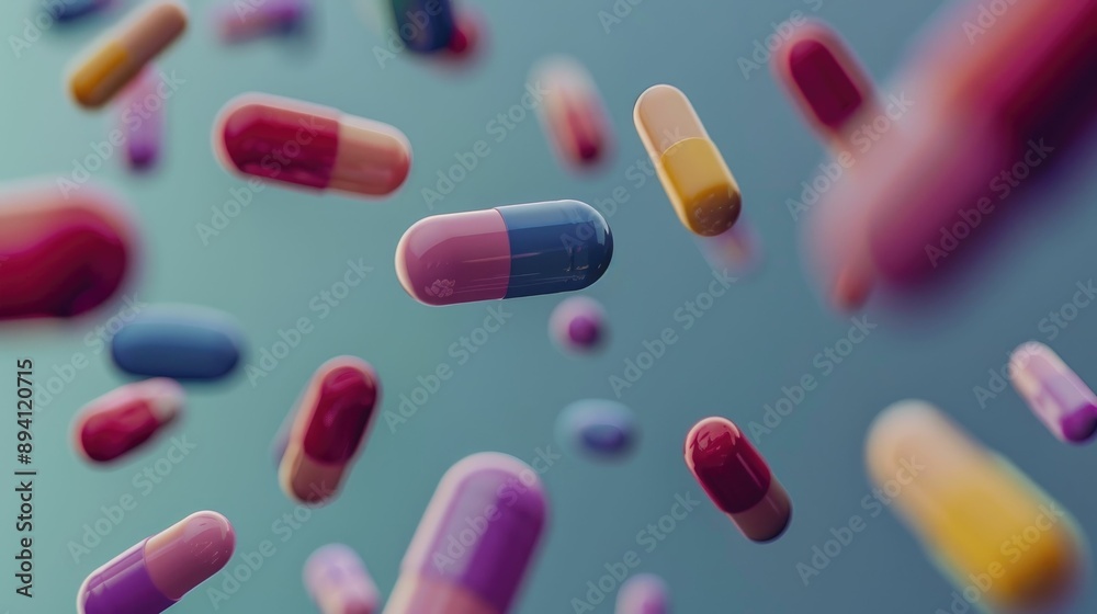 Close-up of colorful pills floating in mid-air Close-up of colorful pills floating in mid-air