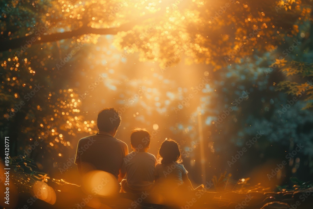 A family sits together under the setting sun. AI. A family sits together under the setting sun. AI.