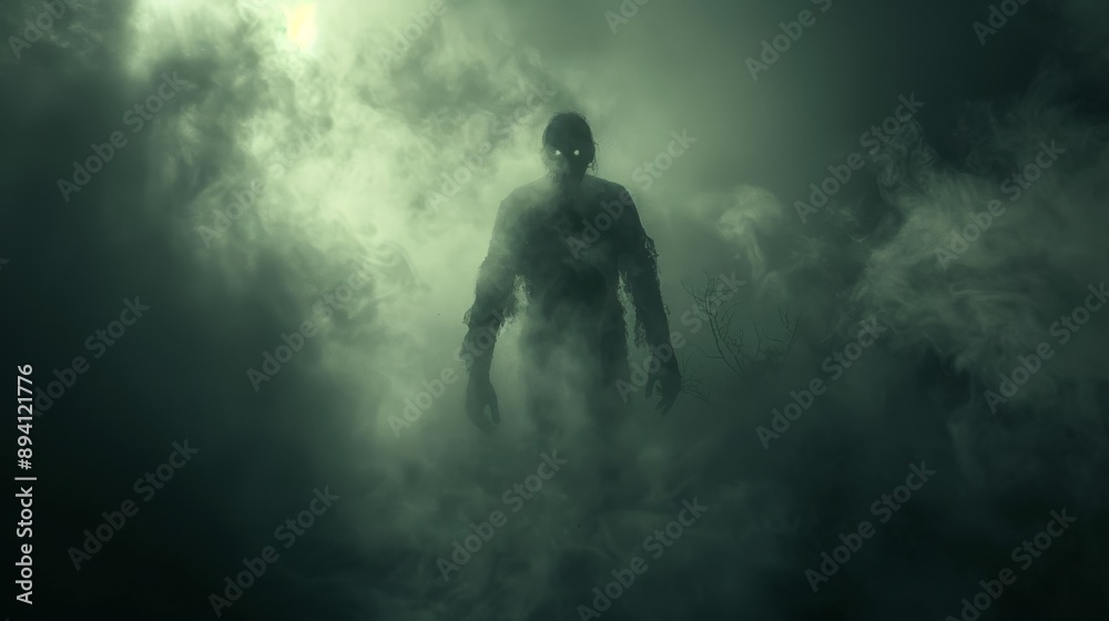 A terrifying zombie ghost emerging from a dark, misty forest A terrifying zombie ghost emerging from a dark, misty forest