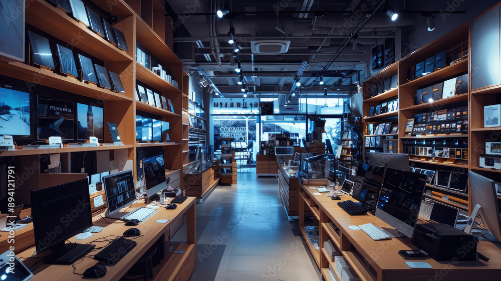 Modern Electronics Store Interior with Gadgets and Computers Modern Electronics Store Interior with Gadgets and Computers