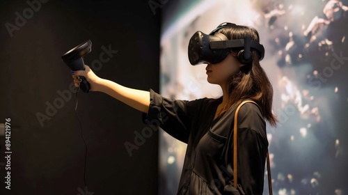 A young woman, wearing a VR headset and holding a controller, stands in a darkened room, completely engrossed in the virtual world unfolding before her eyes photo