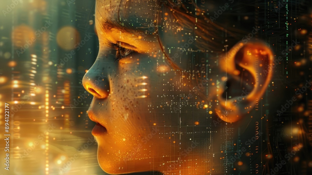 Illustration of Kid's Face in Futuristic Digital Holographic Scene with Warm Illustration of Kid's Face in Futuristic Digital Holographic Scene with Warm