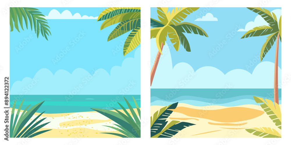 Obraz premium Tropical beach frame background with leaf plant. Summer landscape. Sandy beach under the bright sun.