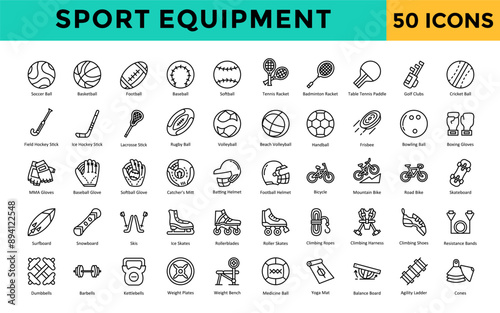 Sport equipment icon set with soccer ball, basketball, football, baseball, softball, tennis racket, badminton racket, table tennis paddle, golf clubs, cricket ball icon. Simple line vector 

