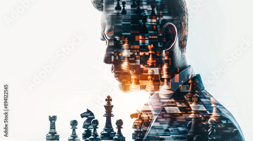 Corporate strategist with chess pieces and game board double exposure effect strategic and competitive theme