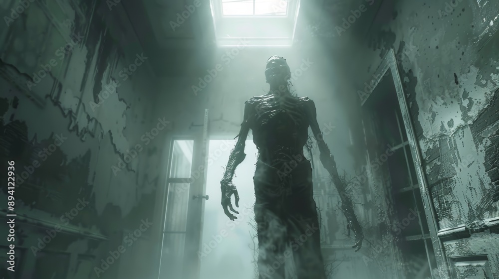 A spectral zombie with decaying flesh floating in a haunted house A spectral zombie with decaying flesh floating in a haunted house