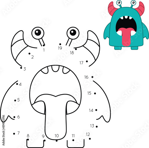 Dot to Dot Cute Monster Coloring Page. Halloween Worksheet for Kids