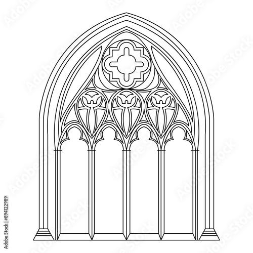 Gothic windows outline. Black linear drawing of classic architectural decorative frame isolated on white.