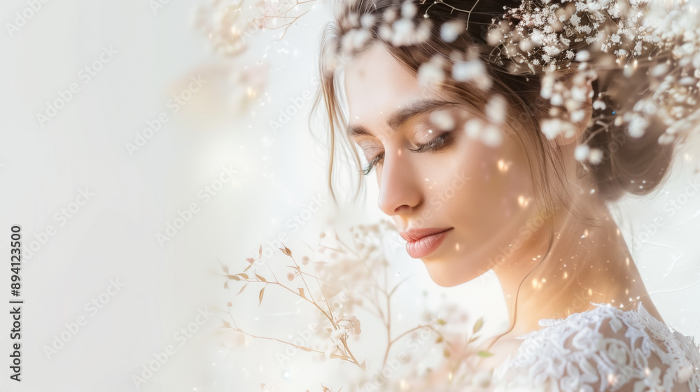 Elegant bride with soft floral patterns double exposure effect, romantic and beautiful Elegant bride with soft floral patterns double exposure effect, romantic and beautiful