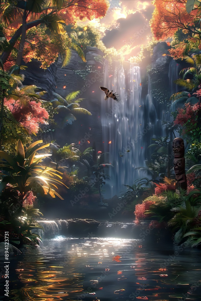 Obraz premium A tropical waterfall cascading into a tranquil pool surrounded by lush foliage