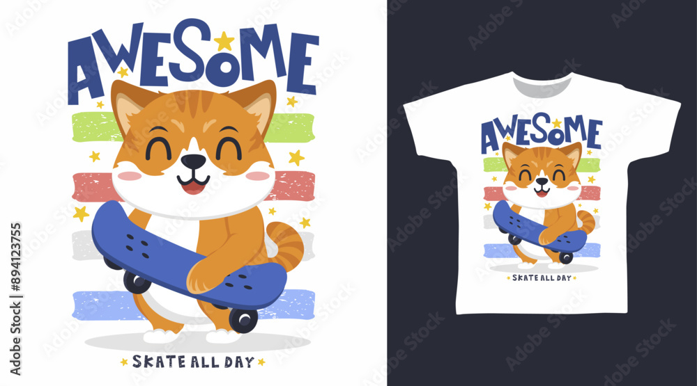 Fototapeta premium Kitten Play Skateboard Vector Illustration T shirt Designs