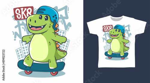 Cute Dinosaur Play Skateboard Vector Illustration T shirt Designs