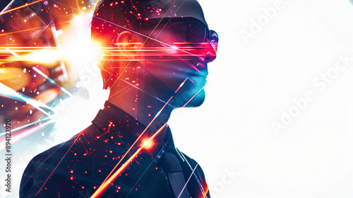 Focused leader with bright laser lights crossing silhouette double exposure effect futuristic and high-tech style