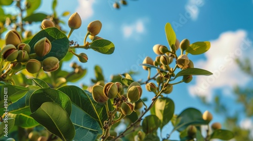 pistachio tree branches against blue sky