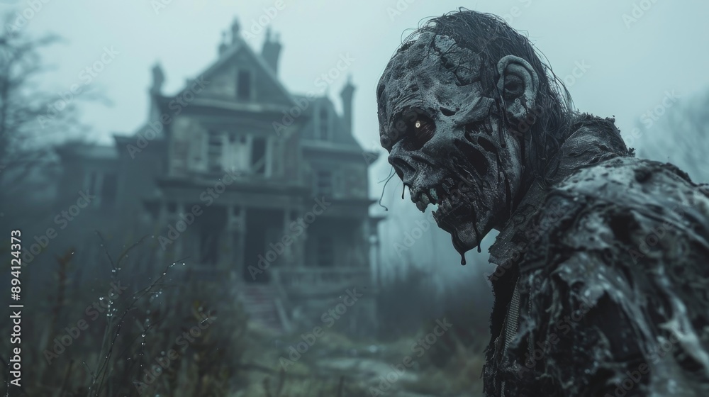A menacing zombie ghost with rotting features prowling an old, decrepit mansion