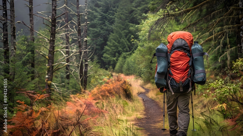 Fototapeta premium Large hiking and trekking backpacks The background image is a mountain forest. wide-angle lens realistic lighting. 