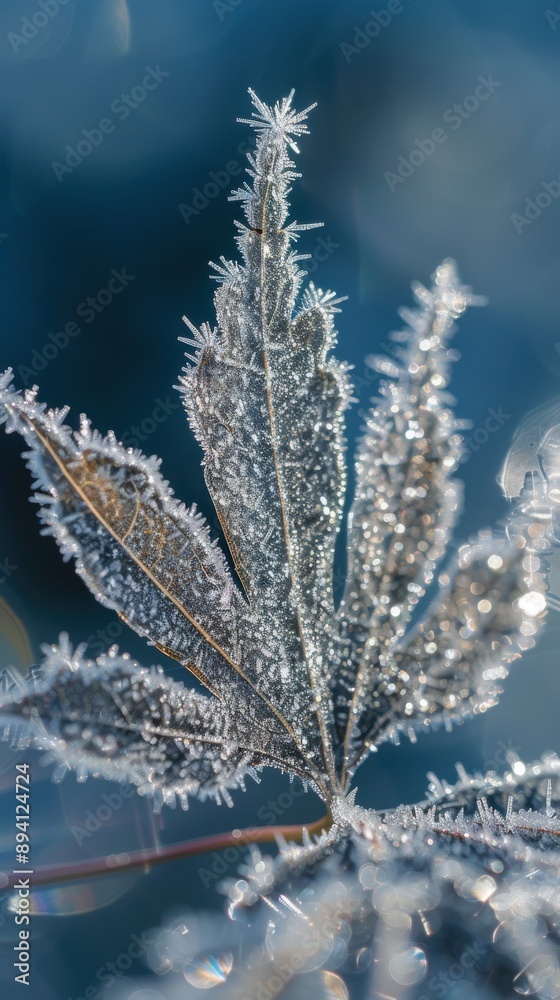 A single leaf, covered in delicate frost crystals, stands out against a soft blue background. The intricate details of the ice formations are highlighted in the bright sunlight, revealing the beauty o A single leaf, covered in delicate frost crystals, stands out against a soft blue background. The intricate details of the ice formations are highlighted in the bright sunlight, revealing the beauty o