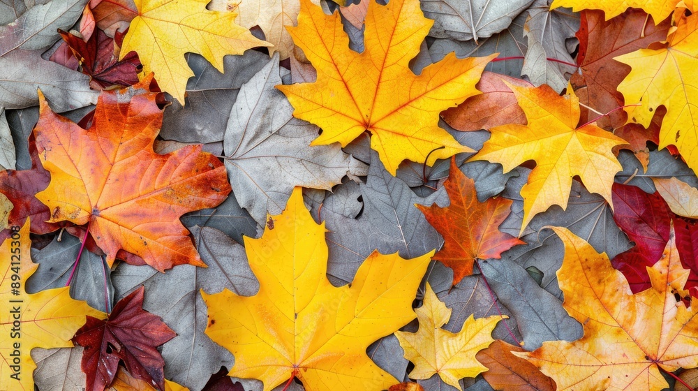 Obraz premium Colorful autumn leaves on the ground with bright yellow ones copy space